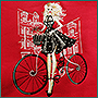 Machine embroidery on sweatshirts in fashion illustration style: blonde with a bicycle