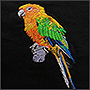 Machine embroidery of a parrot on a cut